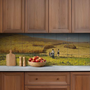 Kitchen tile mural with harvest scene