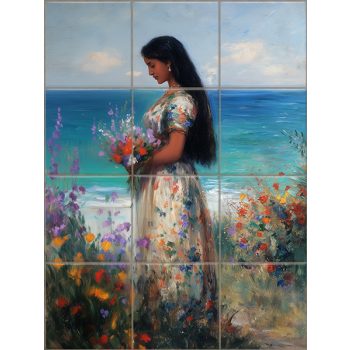 Decorative tile with woman holding flowers by the sea in painterly style