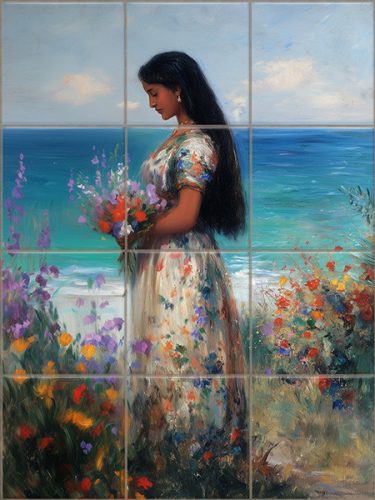 Decorative tile with woman holding flowers by the sea in painterly style