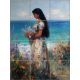 Decorative tile with woman holding flowers by the sea in painterly style