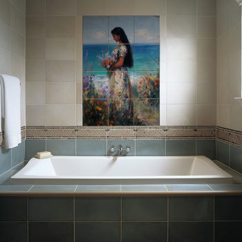 Decorative tile with woman holding flowers by the sea in painterly style