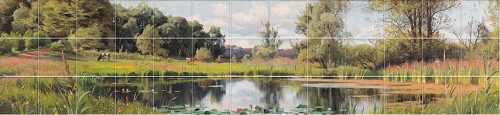 Ceramic tile mural of summer landscape with trees, water lilies and a calm lake