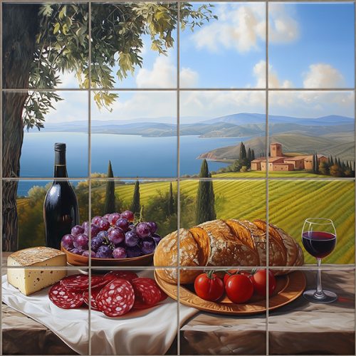 Ceramic tile mural with Tuscan landscape, bread, wine, grapes, cheese and tomatoes on a table