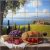 Ceramic tile mural with Tuscan landscape, bread, wine, grapes, cheese and tomatoes on a table