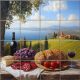 Ceramic tile mural with Tuscan landscape, bread, wine, grapes, cheese and tomatoes on a table
