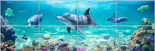 Delfines trópusi fürdőszoba csempe színes halakkal és korallzátonnyal