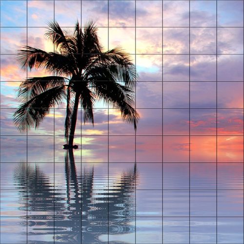 Tile mural - Beach and palm tree in the sunset