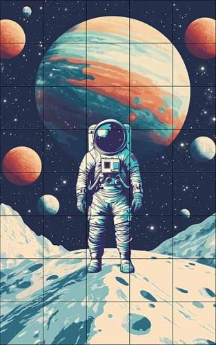 Csempekép űrhajóssal idegen bolygón, színes planéták előtt – sci-fi dekorcsempe