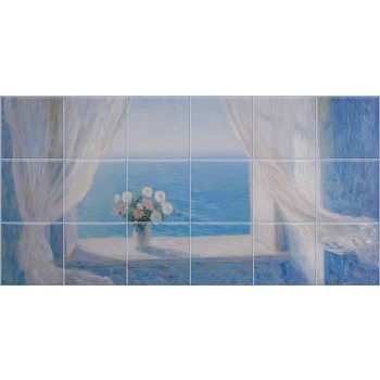 Ceramic tile mural with open window to the sea, white curtains and bouquet of flowers Ceramic tile mural with open window to the sea, white curtains and bouquet of flowers
