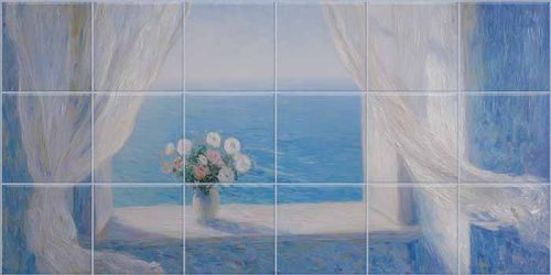 Ceramic tile mural with open window to the sea, white curtains and bouquet of flowers