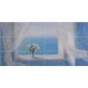 Ceramic tile mural with open window to the sea, white curtains and bouquet of flowers