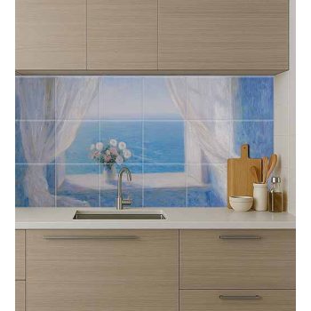 Ceramic tile mural with open window to the sea, white curtains and bouquet of flowers
