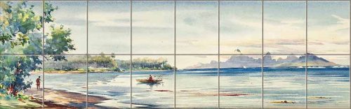 Fisherman in boat on tropical bay with palm trees and mountains ceramic tile mural