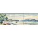 Fisherman in boat on tropical bay with palm trees and mountains ceramic tile mural