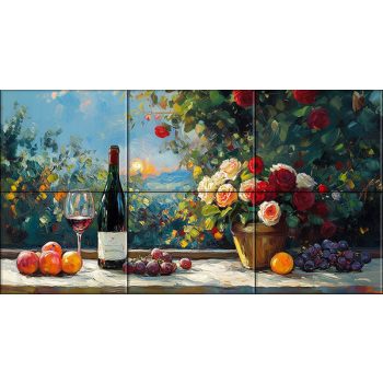 Sunset tile mural with wine, grapes, fruits, and a rose bouquet on a table in the garden Sunset tile mural with wine, grapes, fruits, and a rose bouquet on a table in the garden