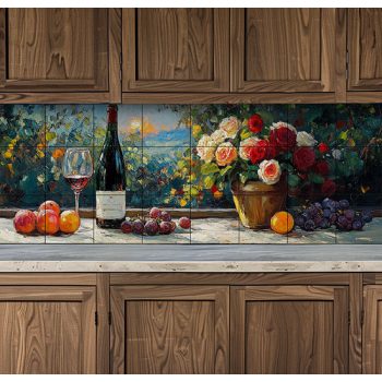 Sunset tile mural with wine, grapes, fruits, and a rose bouquet on a table in the garden