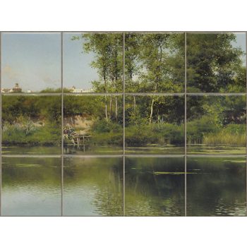 Tile mural with riverbank, trees and men fishing