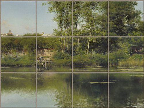 Tile mural with riverbank, trees and men fishing