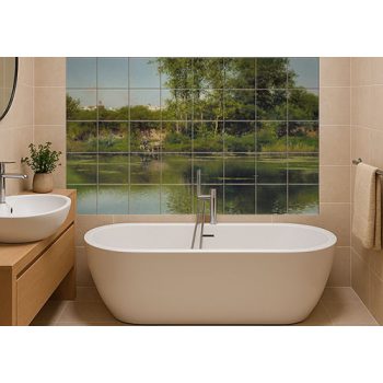 Bathroom Tile mural with riverbank, trees and men fishing