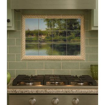 Konyhai csempek folyóparttal, fákkal és horgászó férfiakkal