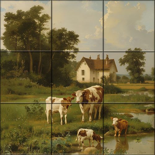 Ceramic tile mural of a countryside scene with cows, hay and a rainbow