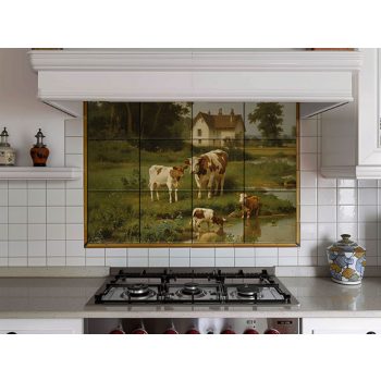 Ceramic tile mural of a countryside scene with cows, hay and a rainbow