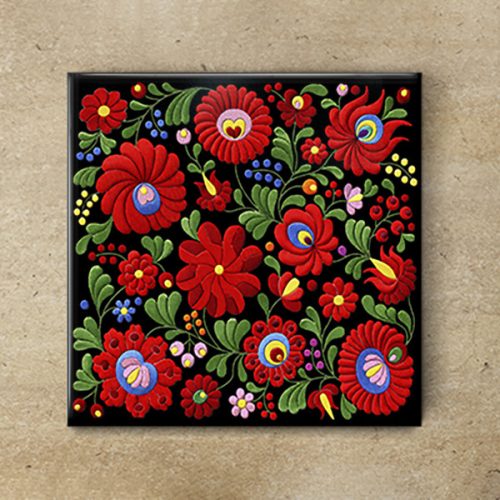 Ceramic tile mural - Hungarian Matyó folk motif black
