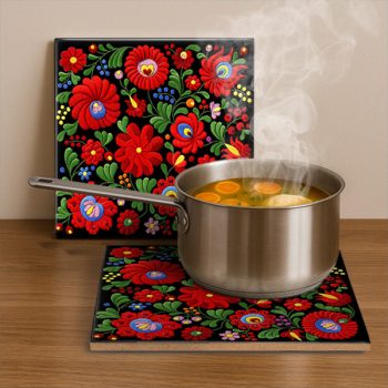 Ceramic tile mural - Hungarian Matyó folk motif black