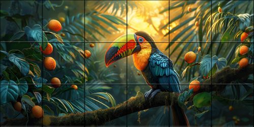Colorful toucan on a tropical branch with berries in sunlit jungle – exotic tile mural