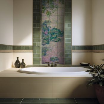 Claude Monet water lilies ceramic tile mural with pond and floral design