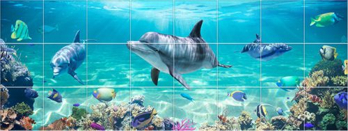Delfines trópusi fürdőszoba csempe színes halakkal és korallzátonnyal