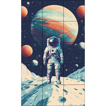 Csempekép űrhajóssal idegen bolygón, színes planéták előtt – sci-fi dekorcsempe