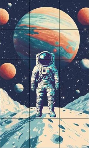 Tile mural with astronaut and alien planets in space – futuristic decorative ceramic tile