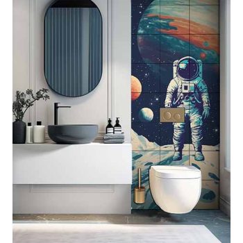 Csempekép űrhajóssal idegen bolygón, színes planéták előtt – sci-fi dekorcsempe