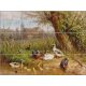 Tile mural with mallard ducks and ducklings with a farmhouse