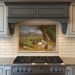 Tile mural with mallard ducks and ducklings with a farmhouse