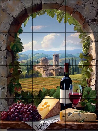 Ceramic tile with wine, grapes, cheese and Tuscan countryside with church and vineyards