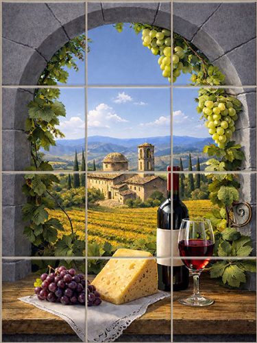 Ceramic tile with wine, grapes, cheese and Tuscan countryside with church and vineyards