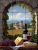 Ceramic tile with wine, grapes, cheese and Tuscan countryside with church and vineyards