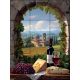 Ceramic tile with wine, grapes, cheese and Tuscan countryside with church and vineyards