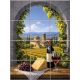 Ceramic tile with wine, grapes, cheese and Tuscan countryside with church and vineyards