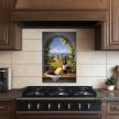Ceramic tile with wine, grapes, cheese and Tuscan countryside with church and vineyards