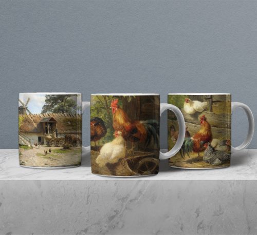 Rooster and chicken mug set of 3 mugs 