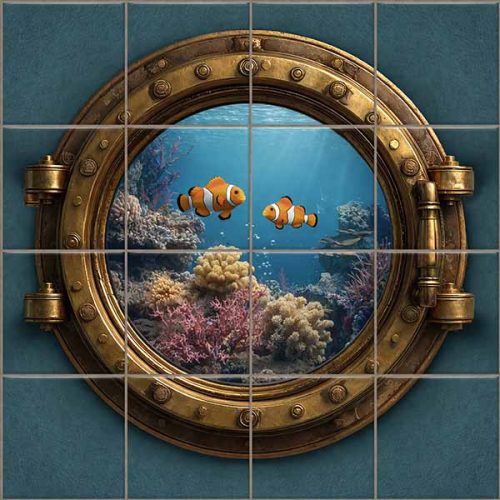 decorative tile mural with Submarine porthole and clownfish 
