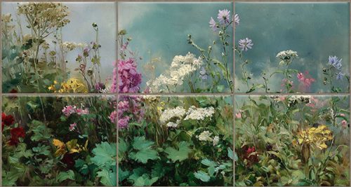 Wildflower ceramic tile mural with purple, red, white and yellow flowers, green leaves and blue sky background