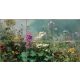 Wildflower ceramic tile mural with purple, red, white and yellow flowers, green leaves and blue sky background