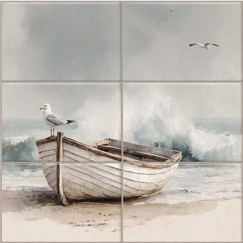 Coastal decorative tile mural with boat, seagulls, and gentle sea waves