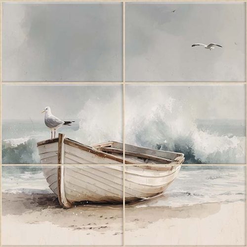 Coastal decorative tile mural with boat, seagulls, and gentle sea waves