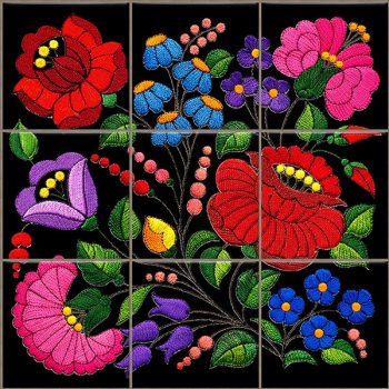 Ceramic tile with traditional Hungarian Kalocsa embroidery floral pattern