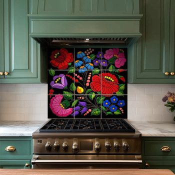 Ceramic tile with traditional Hungarian Kalocsa embroidery floral pattern